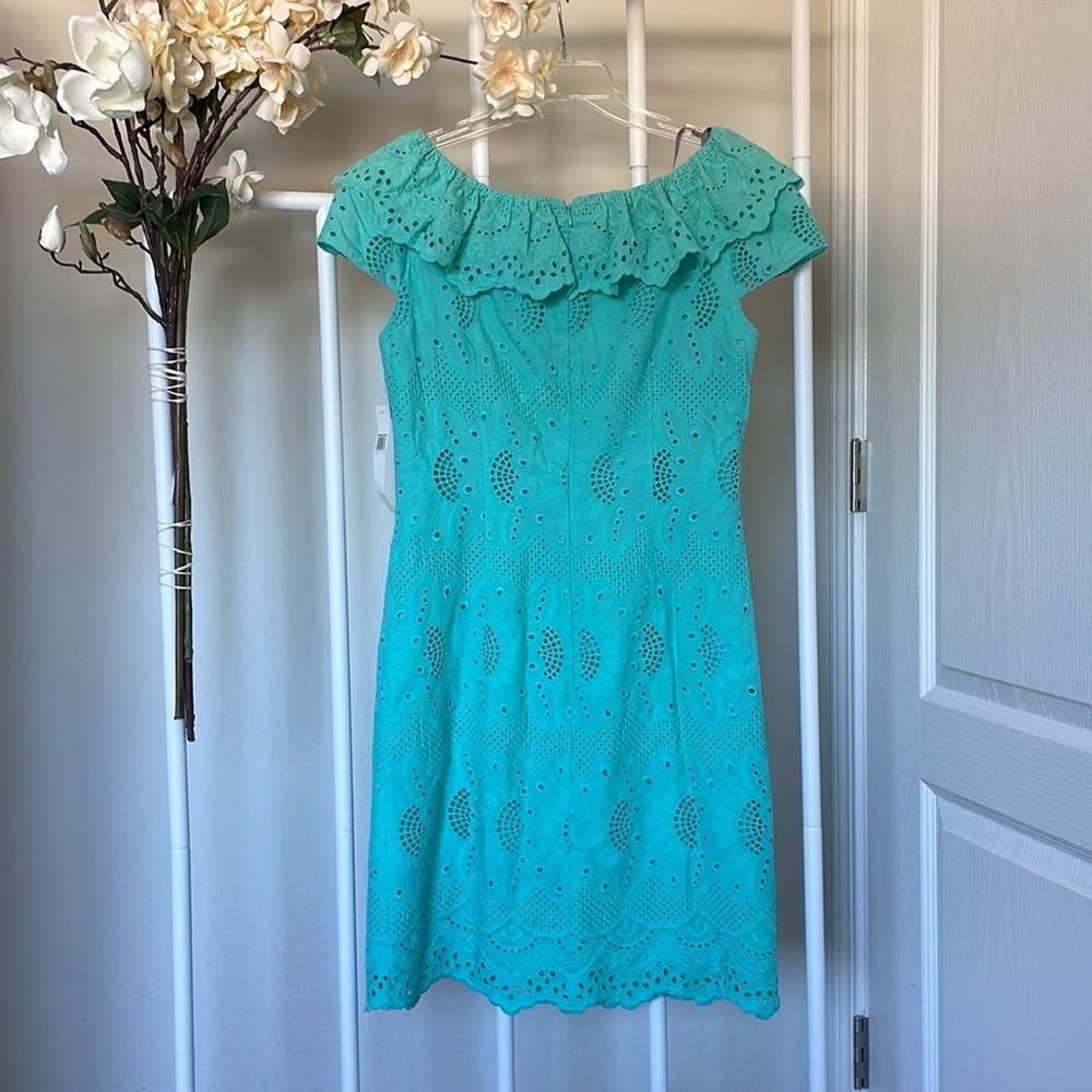 Muse: Aqua Knee-Length Eyelet Dress